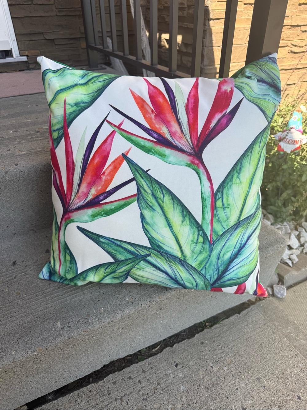 Tropical Bird of Paradise Decorative Pillow - White with Green & Red Accents